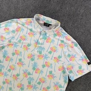 Sunday Swagger Mens Large Golf Polo Shirt Pineapple Palm Tree Tropical White Top